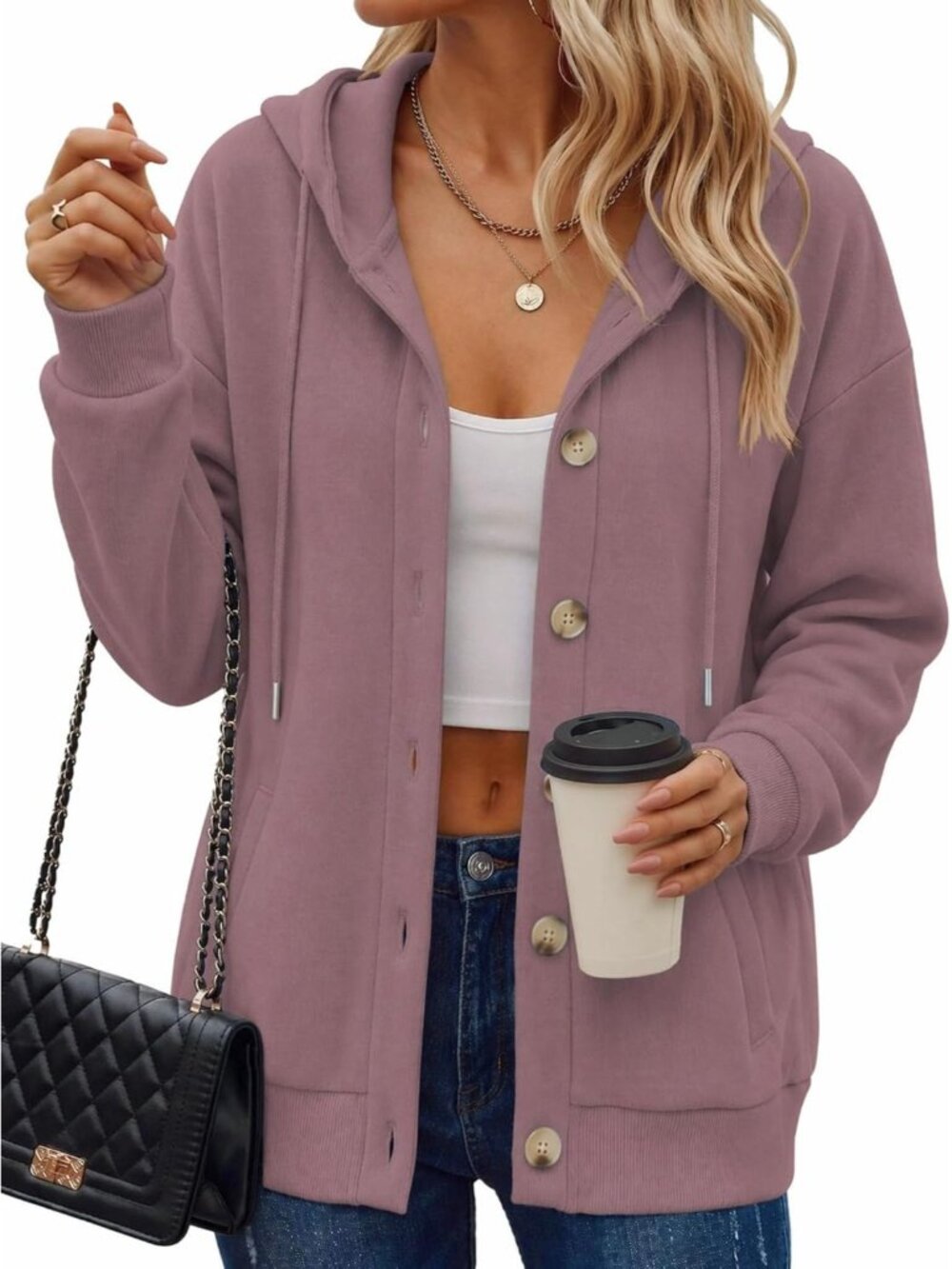 〽️Women's Pink Hoodie Sweatshirt Button Pocket Comfy Fleece Fashion Jackets